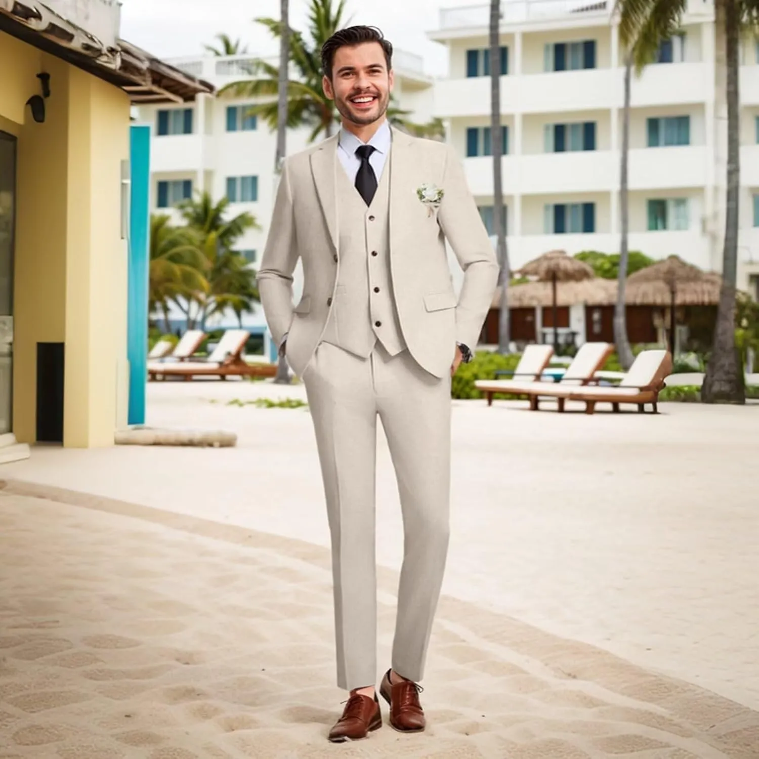 Retro Mens Linen Suit Slim Fit 3 Piece Summer Wedding Suit Casual Beach Linen Suits for Men Prom Jacket Vest Pant Set