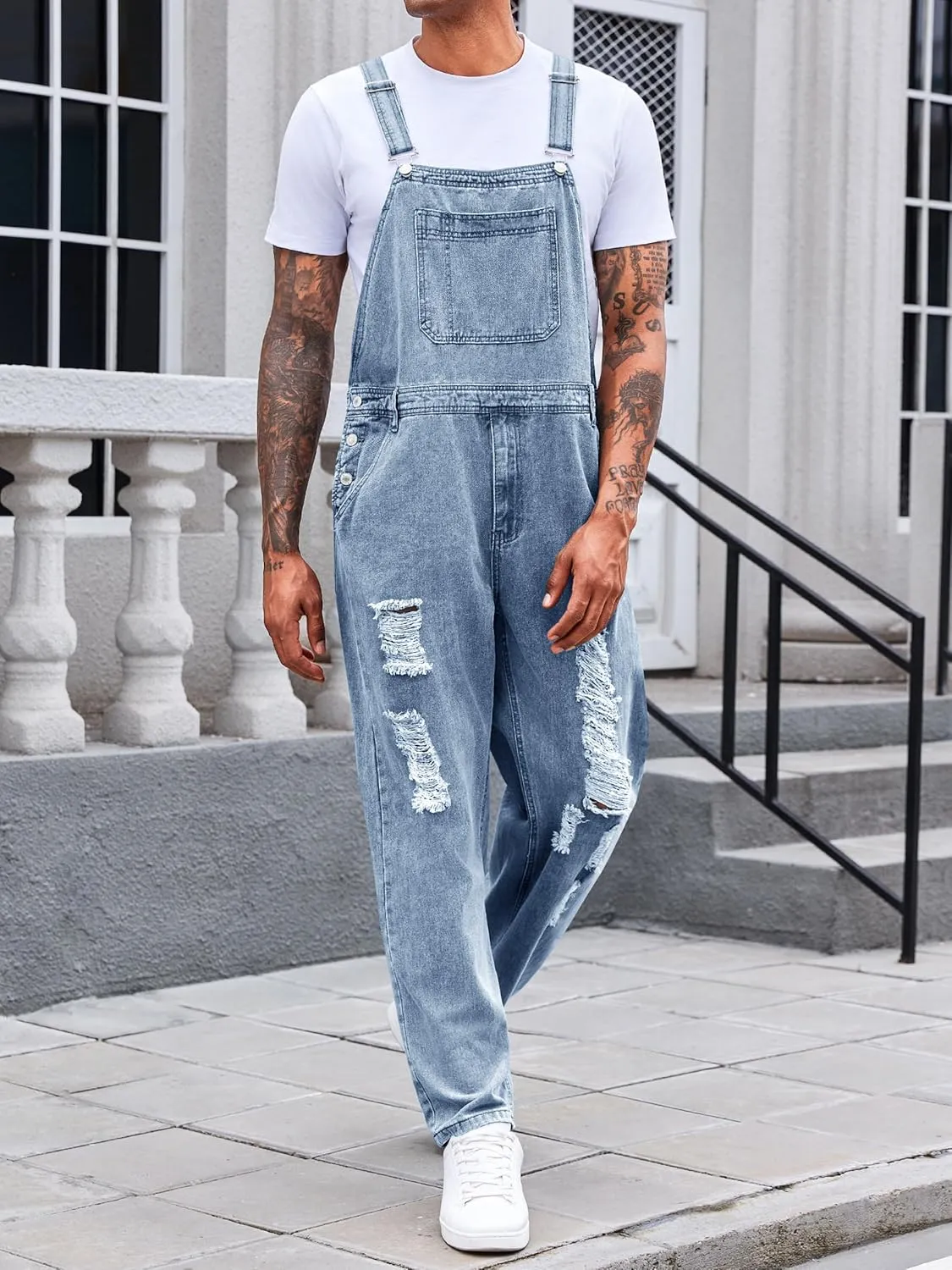 Runcati Men's Denim Bib Overall Jean Romper Trousers Adjustable Strap Workwear Slim Fit Jumpsuit