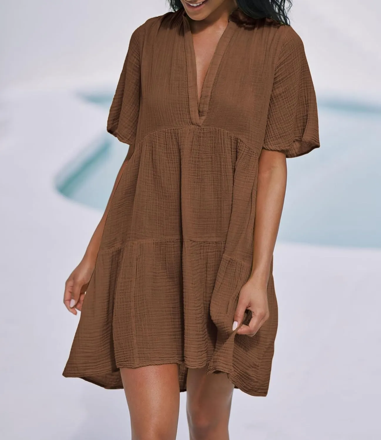 R.Vivimos Womens Summer Cotton Flowy Mini Dress V Neck Short Sleeve Boho Ruffle Tiered Casual Loose Tunic Dress