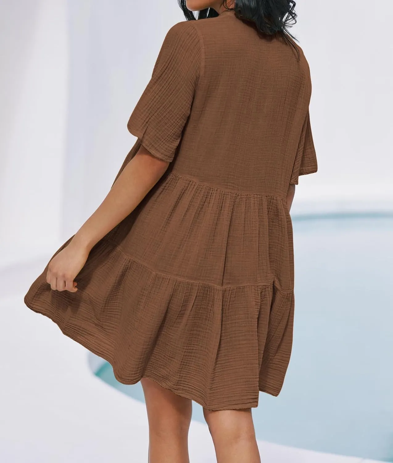 R.Vivimos Womens Summer Cotton Flowy Mini Dress V Neck Short Sleeve Boho Ruffle Tiered Casual Loose Tunic Dress