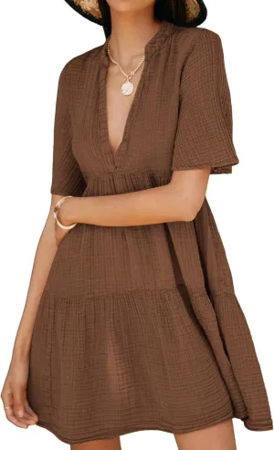 R.Vivimos Womens Summer Cotton Flowy Mini Dress V Neck Short Sleeve Boho Ruffle Tiered Casual Loose Tunic Dress