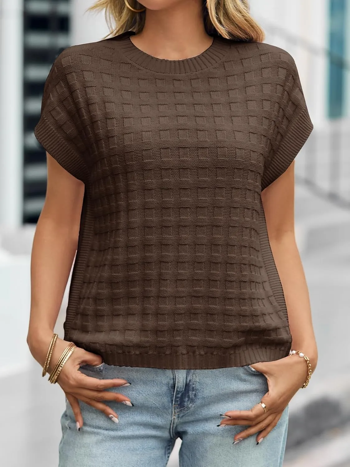 Saodimallsu Womens Cap Sleeve Sweater Tops Casual Crew Neck Sleeveless Loose Knit Summer Lightweight Pullover Top