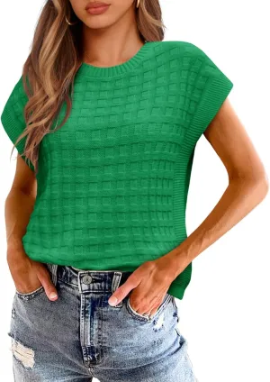Saodimallsu Womens Cap Sleeve Sweater Tops Casual Crew Neck Sleeveless Loose Knit Summer Lightweight Pullover Top
