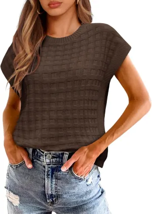 Saodimallsu Womens Cap Sleeve Sweater Tops Casual Crew Neck Sleeveless Loose Knit Summer Lightweight Pullover Top