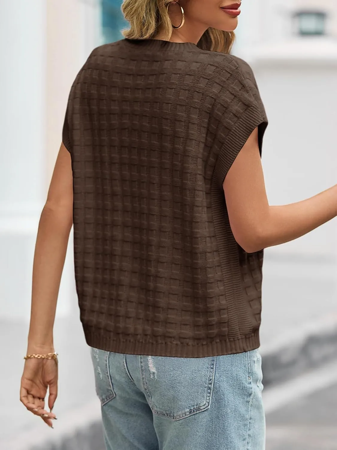 Saodimallsu Womens Cap Sleeve Sweater Tops Casual Crew Neck Sleeveless Loose Knit Summer Lightweight Pullover Top