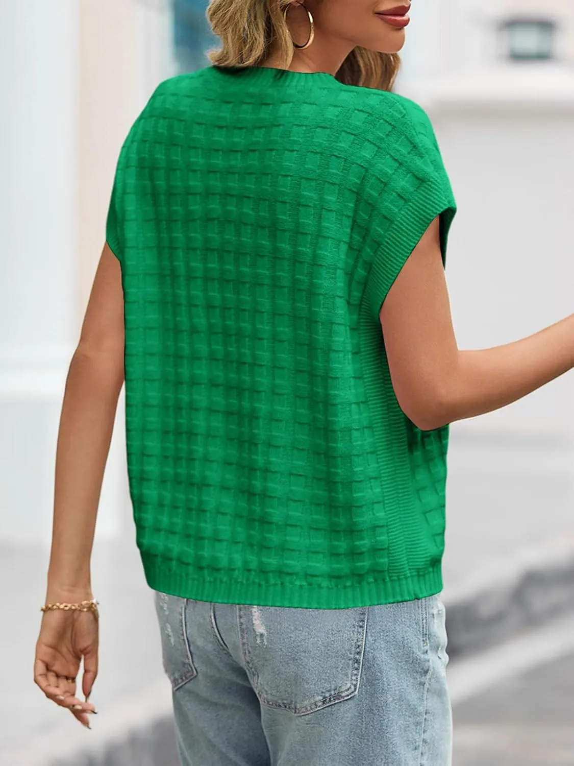 Saodimallsu Womens Cap Sleeve Sweater Tops Casual Crew Neck Sleeveless Loose Knit Summer Lightweight Pullover Top