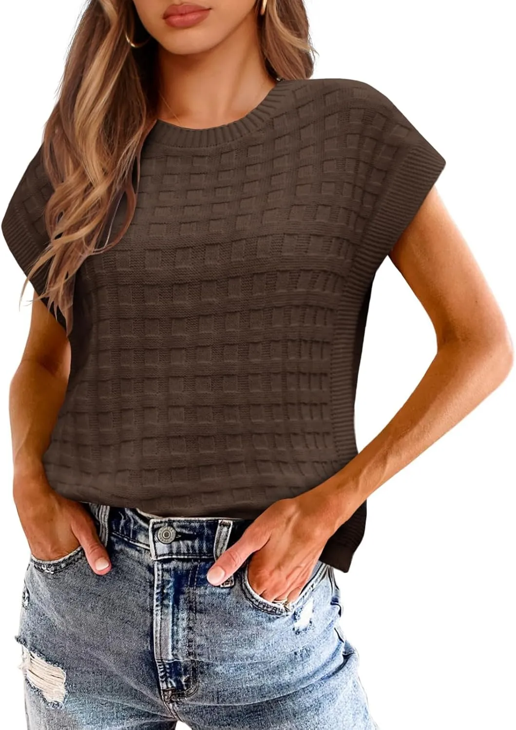 Saodimallsu Womens Cap Sleeve Sweater Tops Casual Crew Neck Sleeveless Loose Knit Summer Lightweight Pullover Top