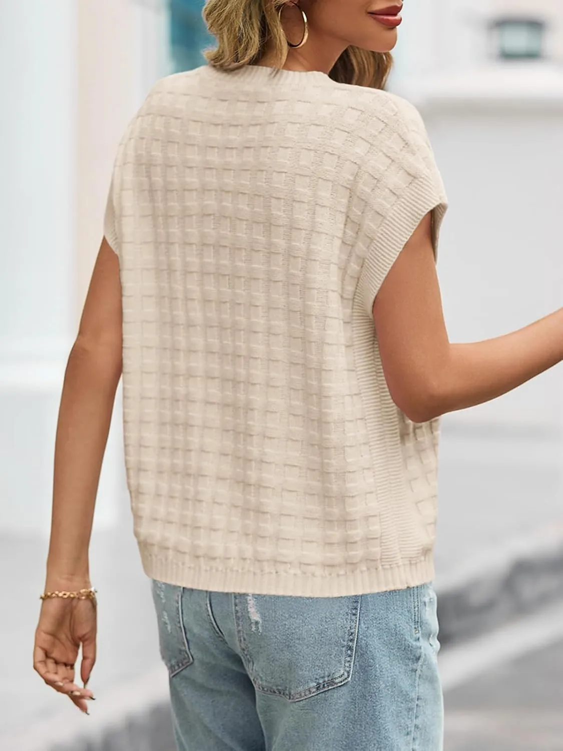 Saodimallsu Womens Cap Sleeve Sweater Tops Casual Crew Neck Sleeveless Loose Knit Summer Lightweight Pullover Top