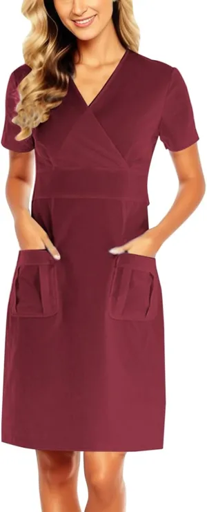 Scrub for Women Short Sleeve White Dress Soft Brushed Twill Nurse Working Uniform V Neck Wrap Dress with Pocket Nursing Scrub