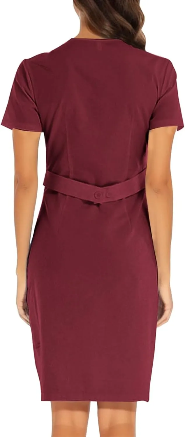 Scrub for Women Short Sleeve White Dress Soft Brushed Twill Nurse Working Uniform V Neck Wrap Dress with Pocket Nursing Scrub