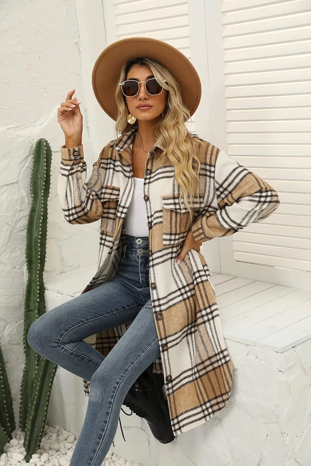 SeekMe Women's Long Plaid Shirt Jacket Shacket Lapel Button Down Woolen Blend Casual Tartan Over Shirt Trench Coat