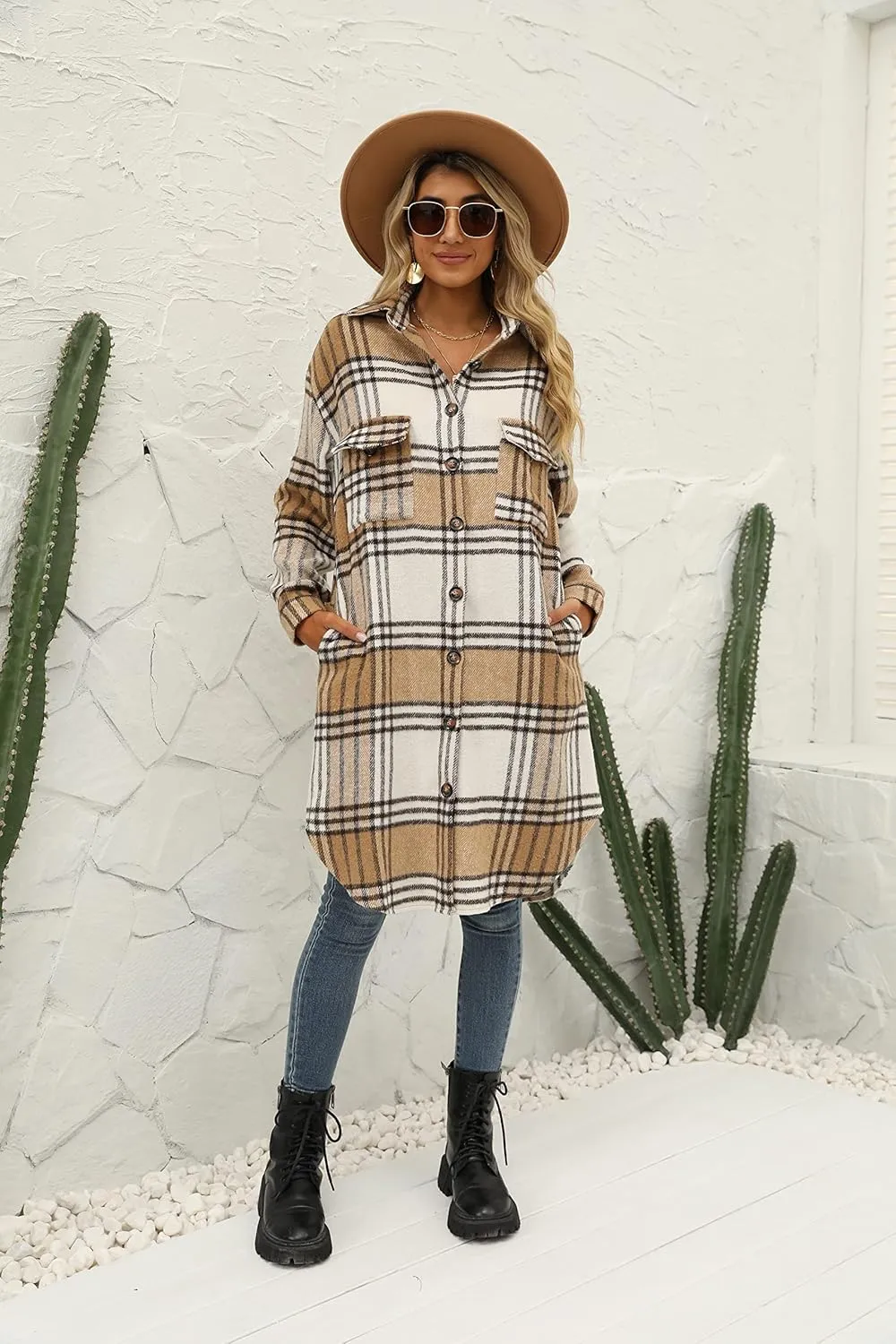 SeekMe Women's Long Plaid Shirt Jacket Shacket Lapel Button Down Woolen Blend Casual Tartan Over Shirt Trench Coat