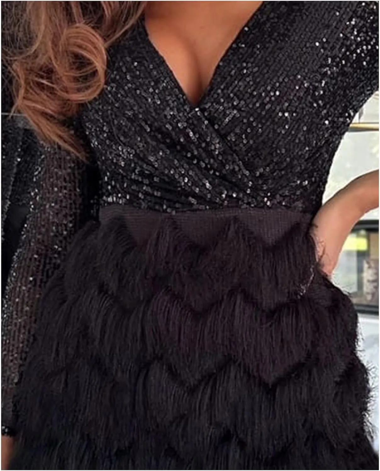 SEMATOMALA Women's Wrap V Neck Long Sleeve Pencil Mini Dress Sequin Top Fringe Skirt Flapper Cocktail Short Dress