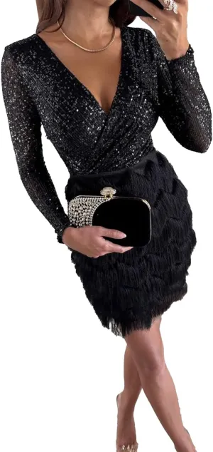 SEMATOMALA Women's Wrap V Neck Long Sleeve Pencil Mini Dress Sequin Top Fringe Skirt Flapper Cocktail Short Dress