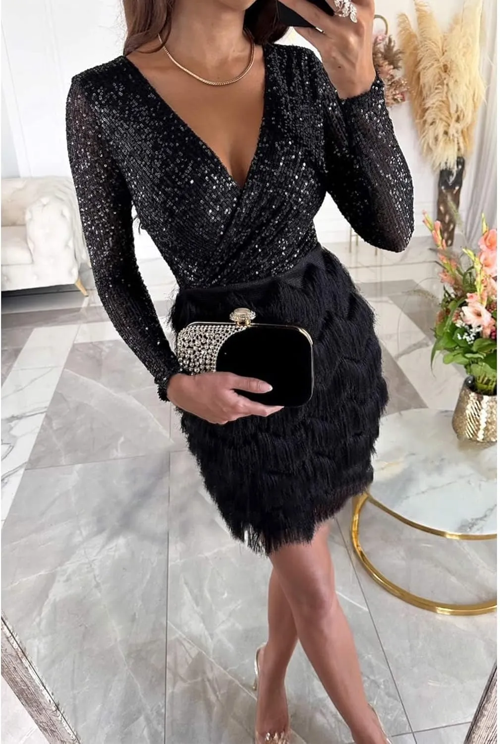 SEMATOMALA Women's Wrap V Neck Long Sleeve Pencil Mini Dress Sequin Top Fringe Skirt Flapper Cocktail Short Dress