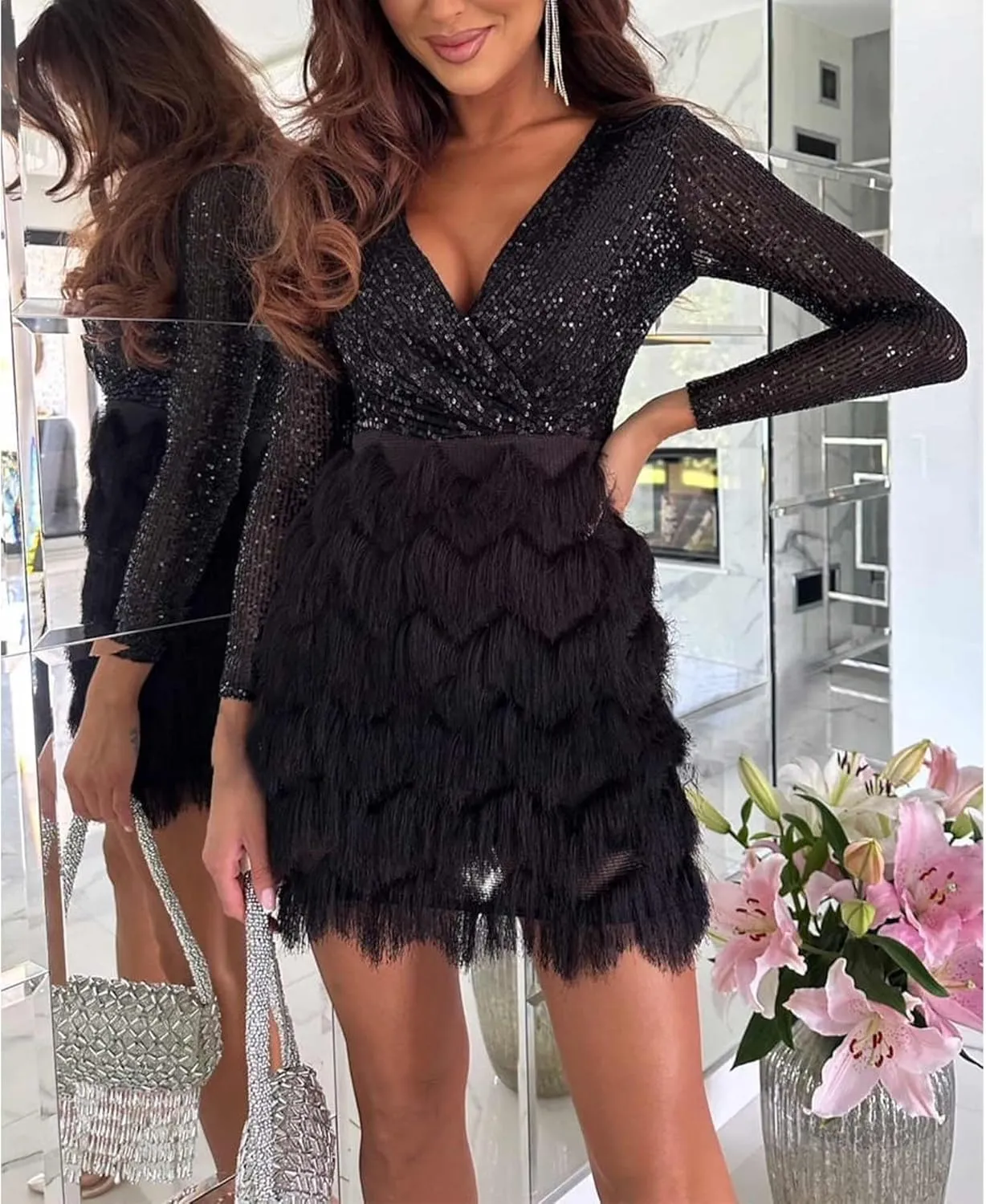 SEMATOMALA Women's Wrap V Neck Long Sleeve Pencil Mini Dress Sequin Top Fringe Skirt Flapper Cocktail Short Dress