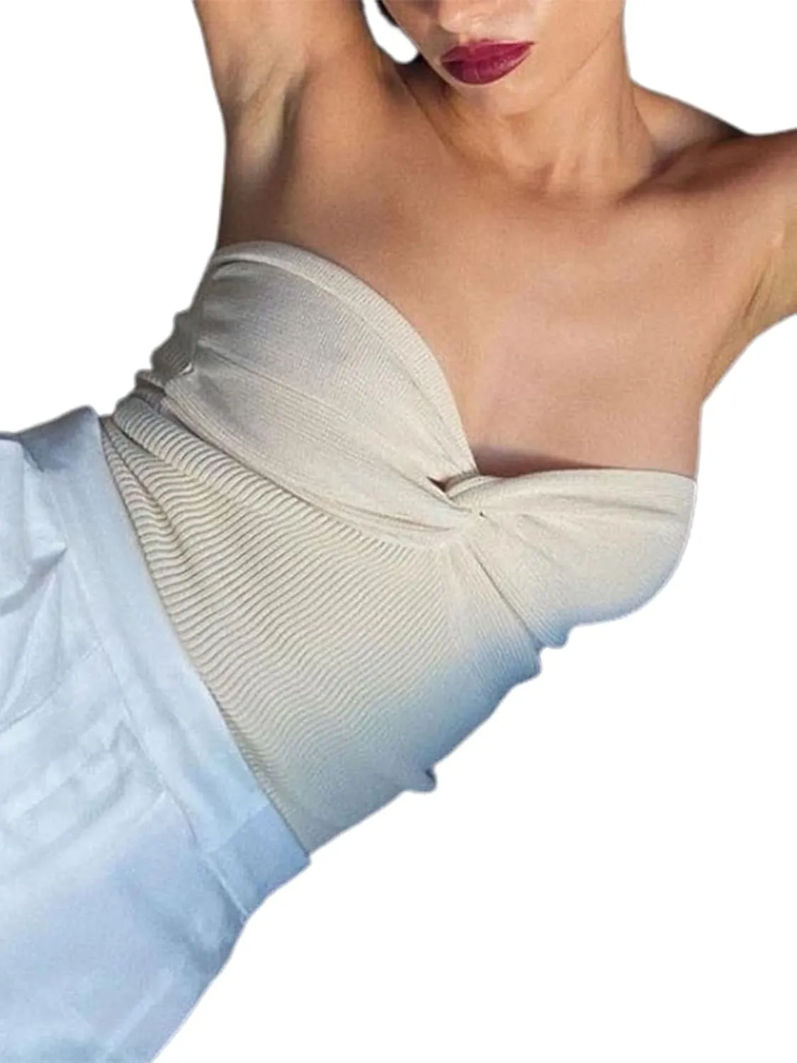Sexy Strapless Crop Top for Womens Ribbed Knit Sleeveless Y2K Tube Summer Camisole Tank Top Vest Streewear