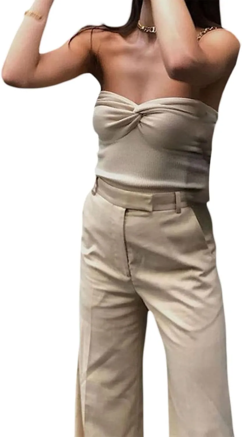 Sexy Strapless Crop Top for Womens Ribbed Knit Sleeveless Y2K Tube Summer Camisole Tank Top Vest Streewear