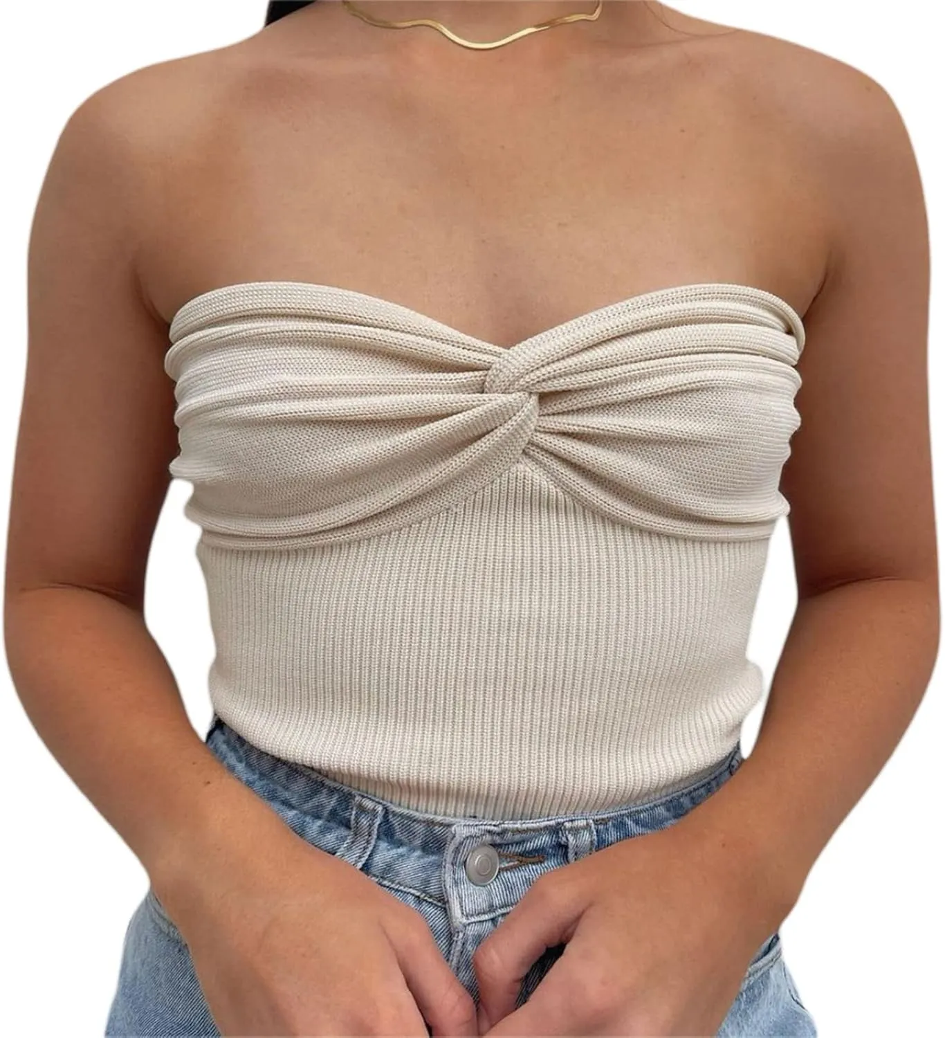 Sexy Strapless Crop Top for Womens Ribbed Knit Sleeveless Y2K Tube Summer Camisole Tank Top Vest Streewear