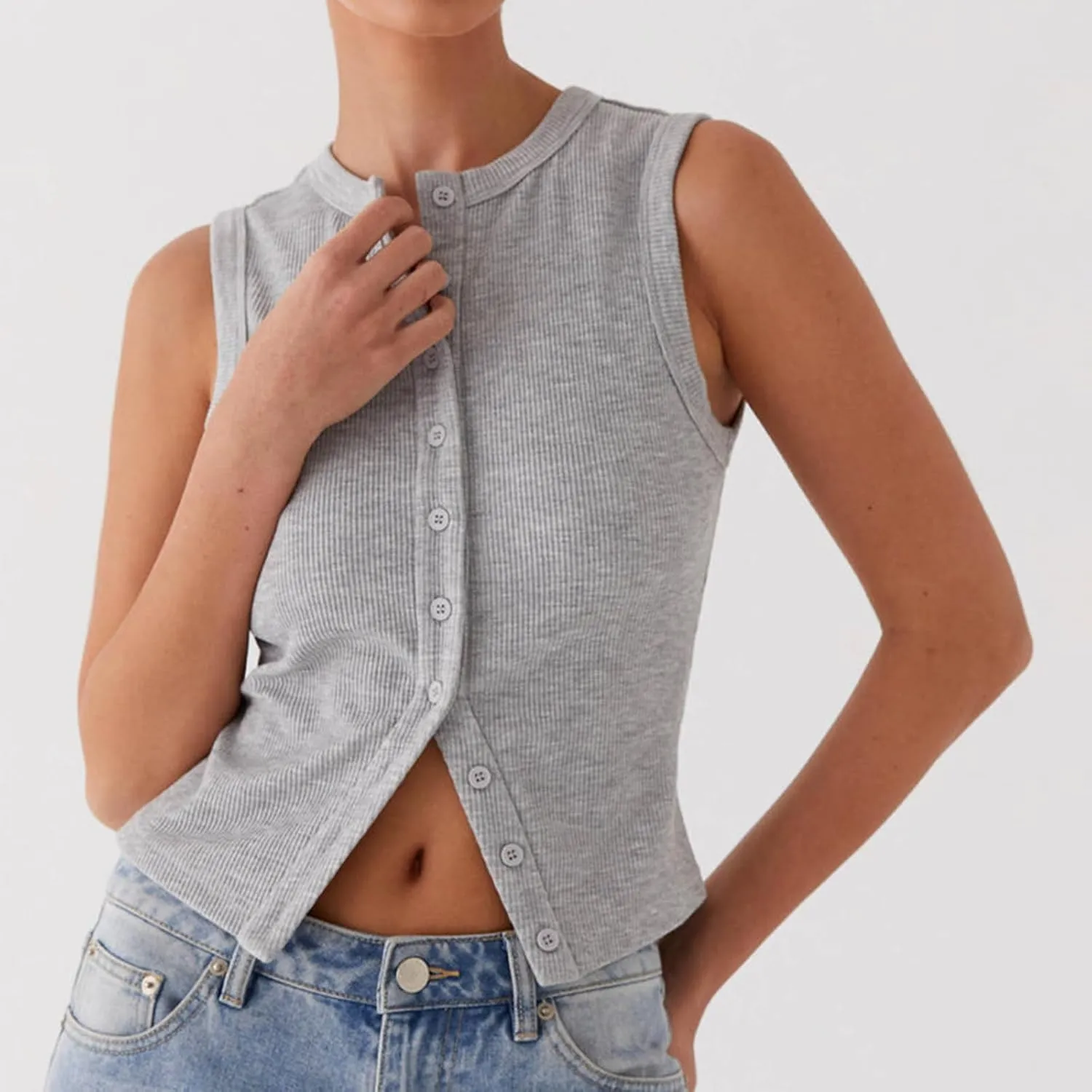 Seyurigaoka Women's Button Up Ribbed Knit Tank Top Open Front Crewneck Fitted Vest Top Sleeveless Basic Tops