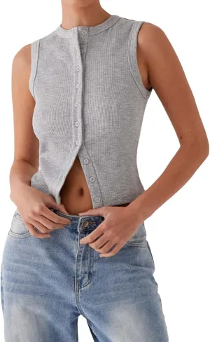 Seyurigaoka Women's Button Up Ribbed Knit Tank Top Open Front Crewneck Fitted Vest Top Sleeveless Basic Tops