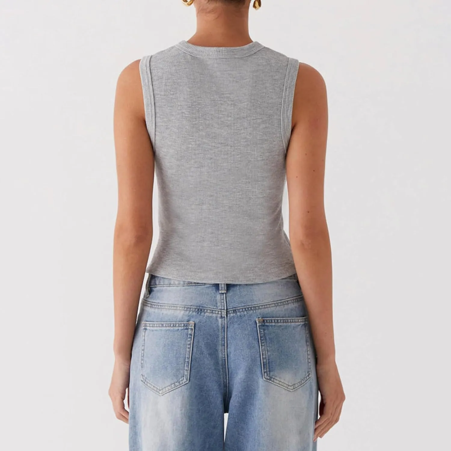 Seyurigaoka Women's Button Up Ribbed Knit Tank Top Open Front Crewneck Fitted Vest Top Sleeveless Basic Tops