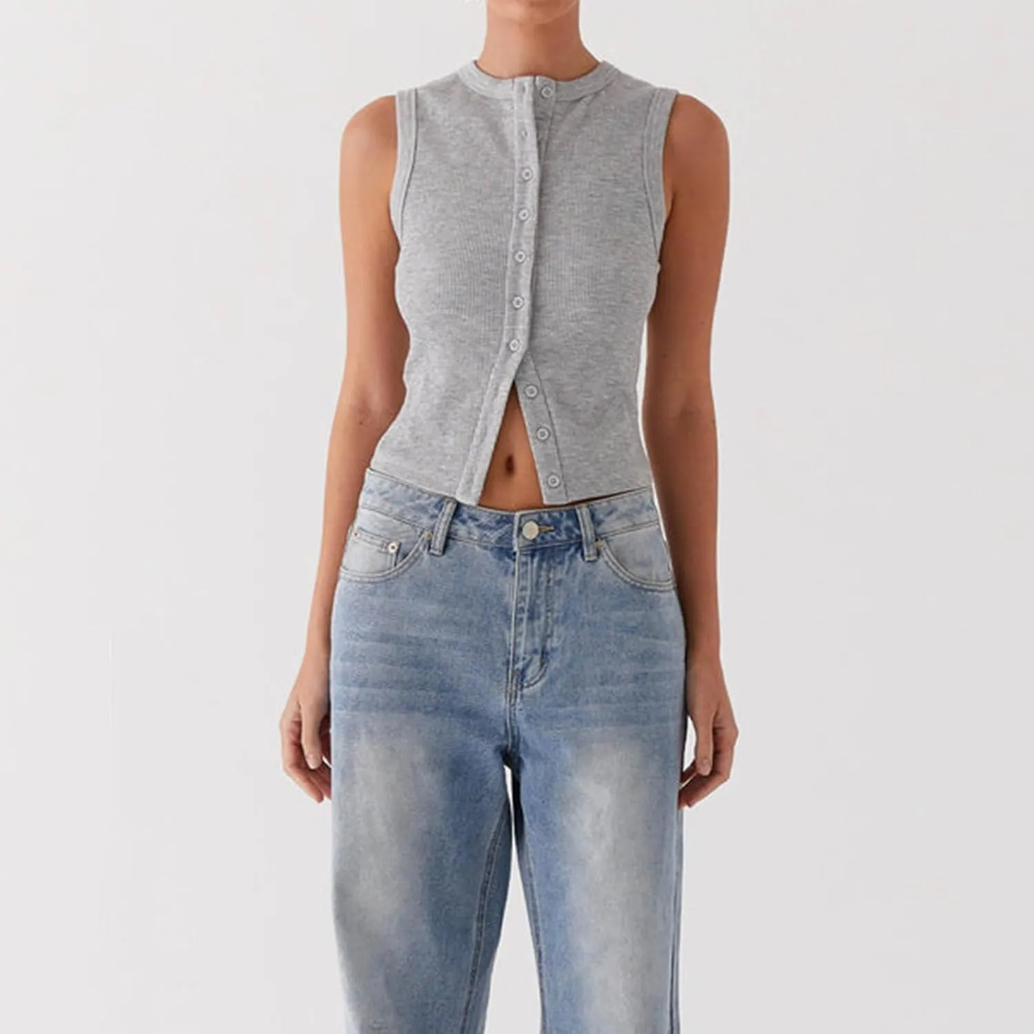 Seyurigaoka Women's Button Up Ribbed Knit Tank Top Open Front Crewneck Fitted Vest Top Sleeveless Basic Tops