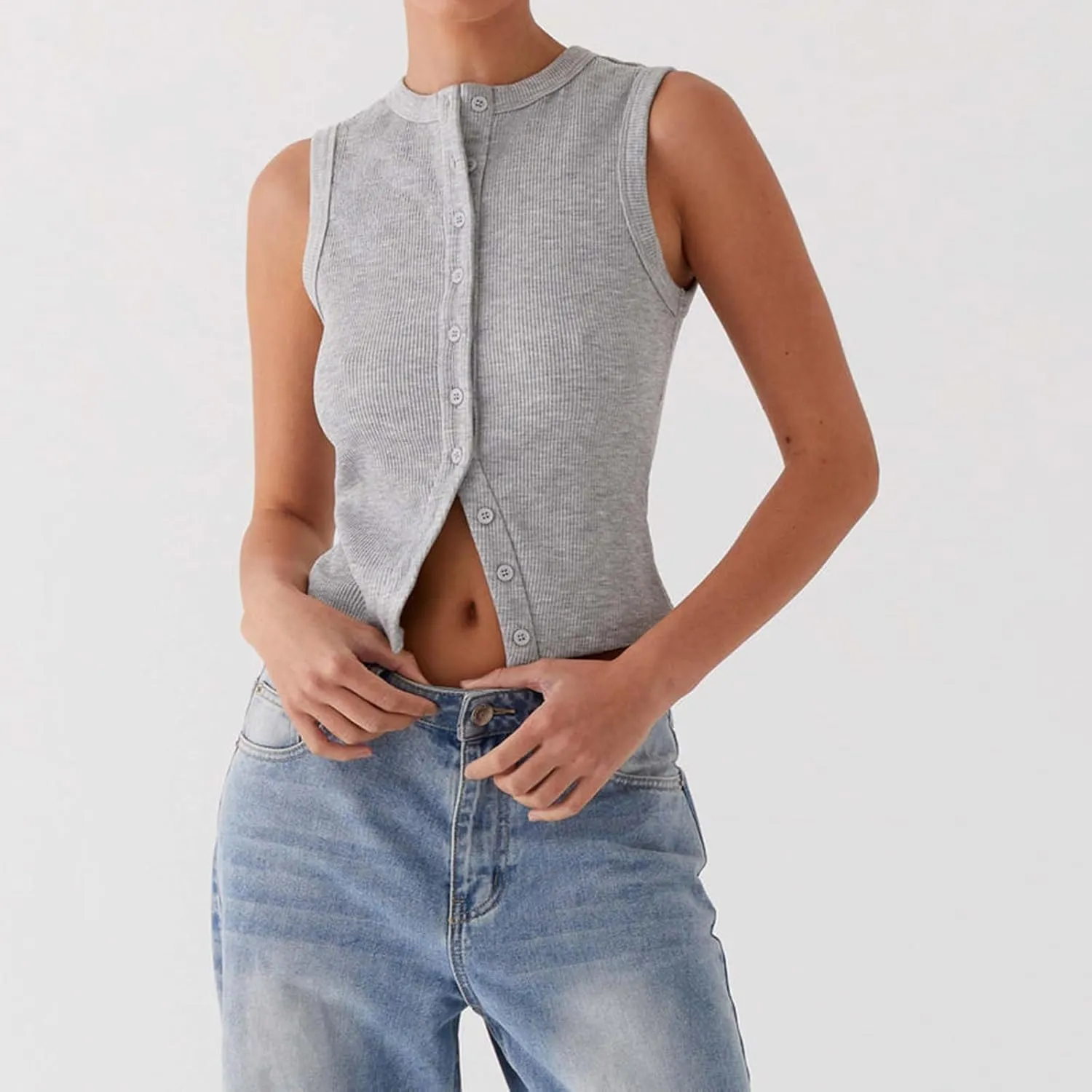 Seyurigaoka Women's Button Up Ribbed Knit Tank Top Open Front Crewneck Fitted Vest Top Sleeveless Basic Tops