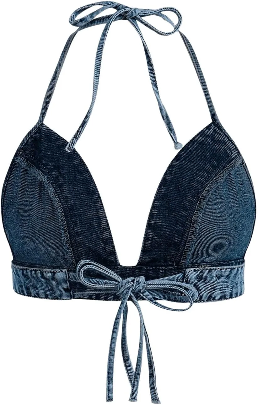 SHENHE Women's Denim Halter Top Tie Backless Triangle V Neck Sexy Jean Crop Top Country Western Bustier