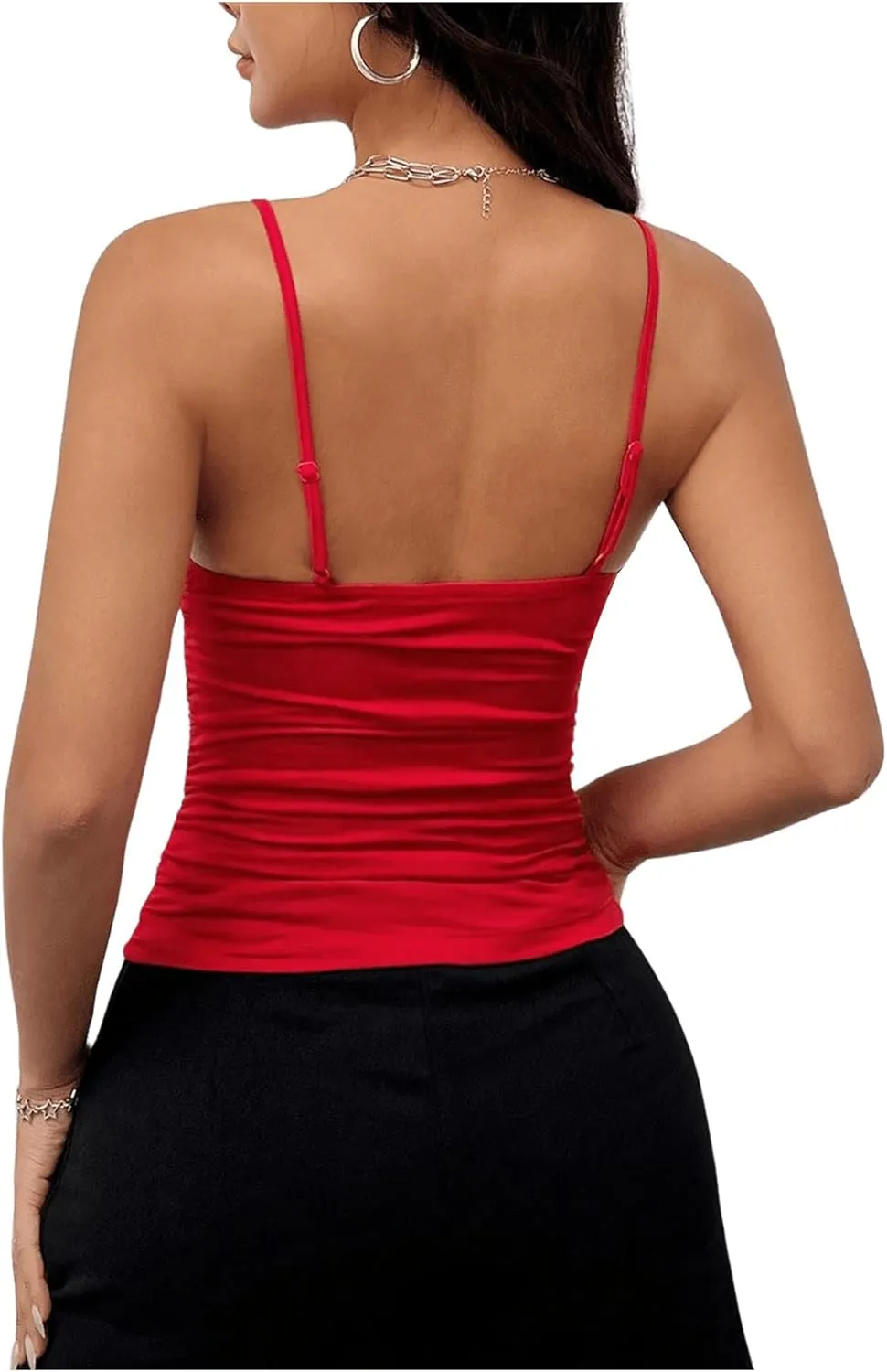 SHENHE Women's Lace Trim V Neck Bow Front Ruched Crop Cami Top Sexy Fitted Camisole Top