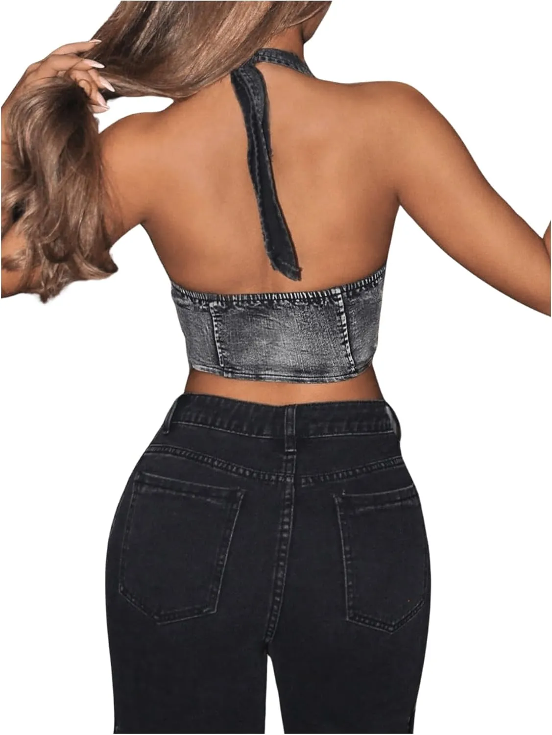 SHENHE Women's Y2k Denim Crop Top Deep V Zip Up Belted Halter Top Sexy Backless Asymmetrical Jean Corset