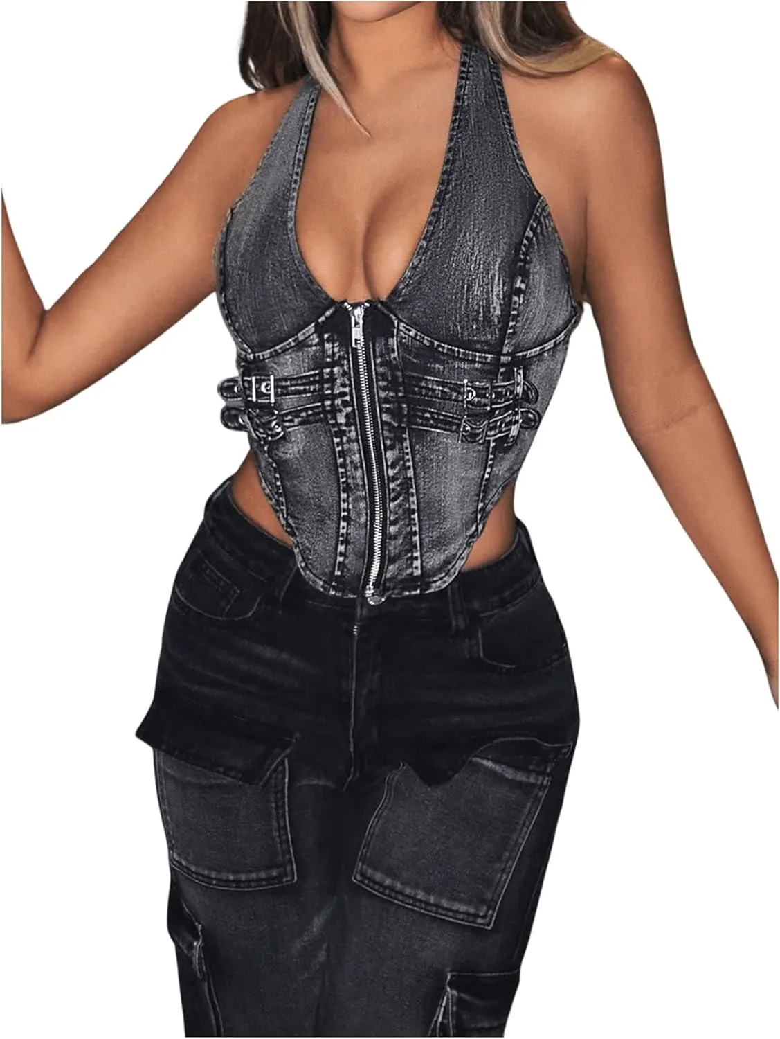 SHENHE Women's Y2k Denim Crop Top Deep V Zip Up Belted Halter Top Sexy Backless Asymmetrical Jean Corset