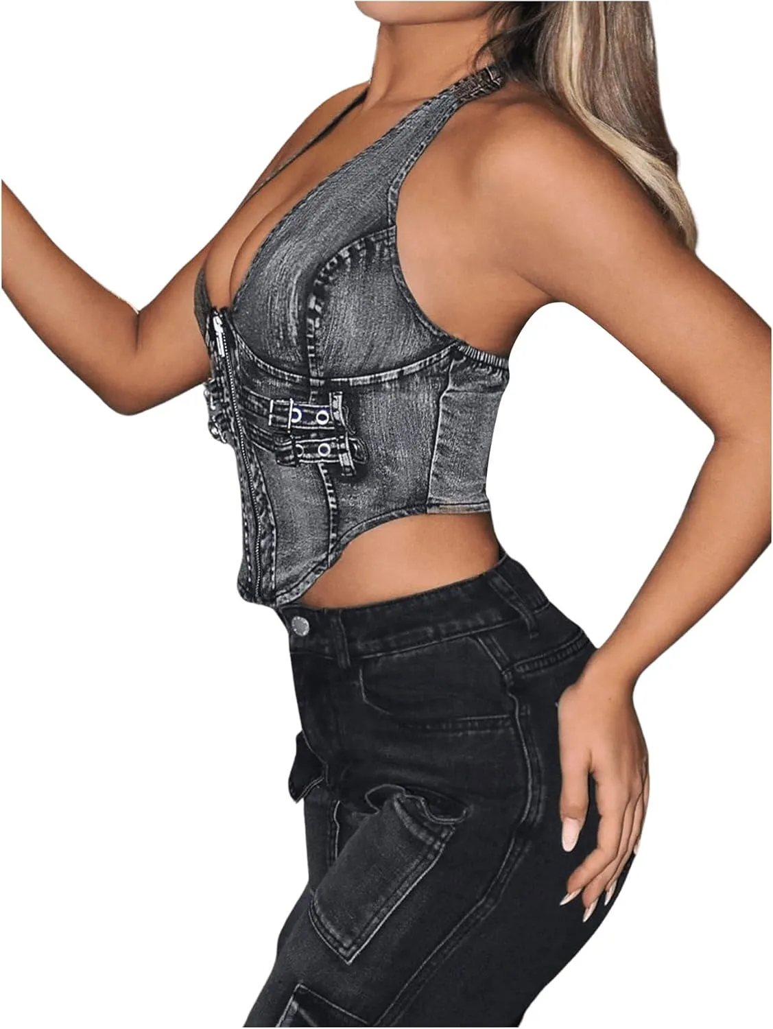 SHENHE Women's Y2k Denim Crop Top Deep V Zip Up Belted Halter Top Sexy Backless Asymmetrical Jean Corset