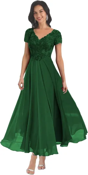 Short Sleeve Mother of The Bride Dresses Tea Length for Women Lace Chiffon Wedding Evening Party Gown