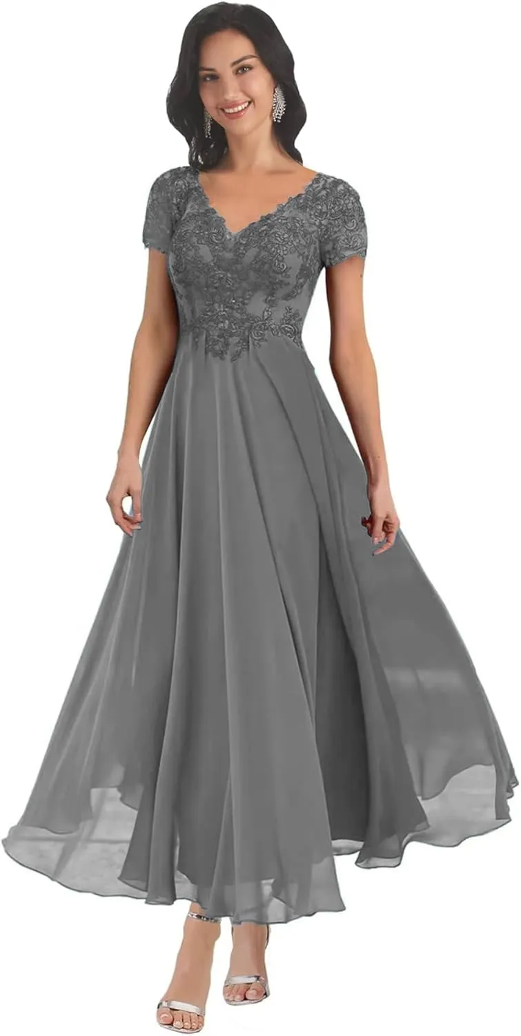 Short Sleeve Mother of The Bride Dresses Tea Length for Women Lace Chiffon Wedding Evening Party Gown