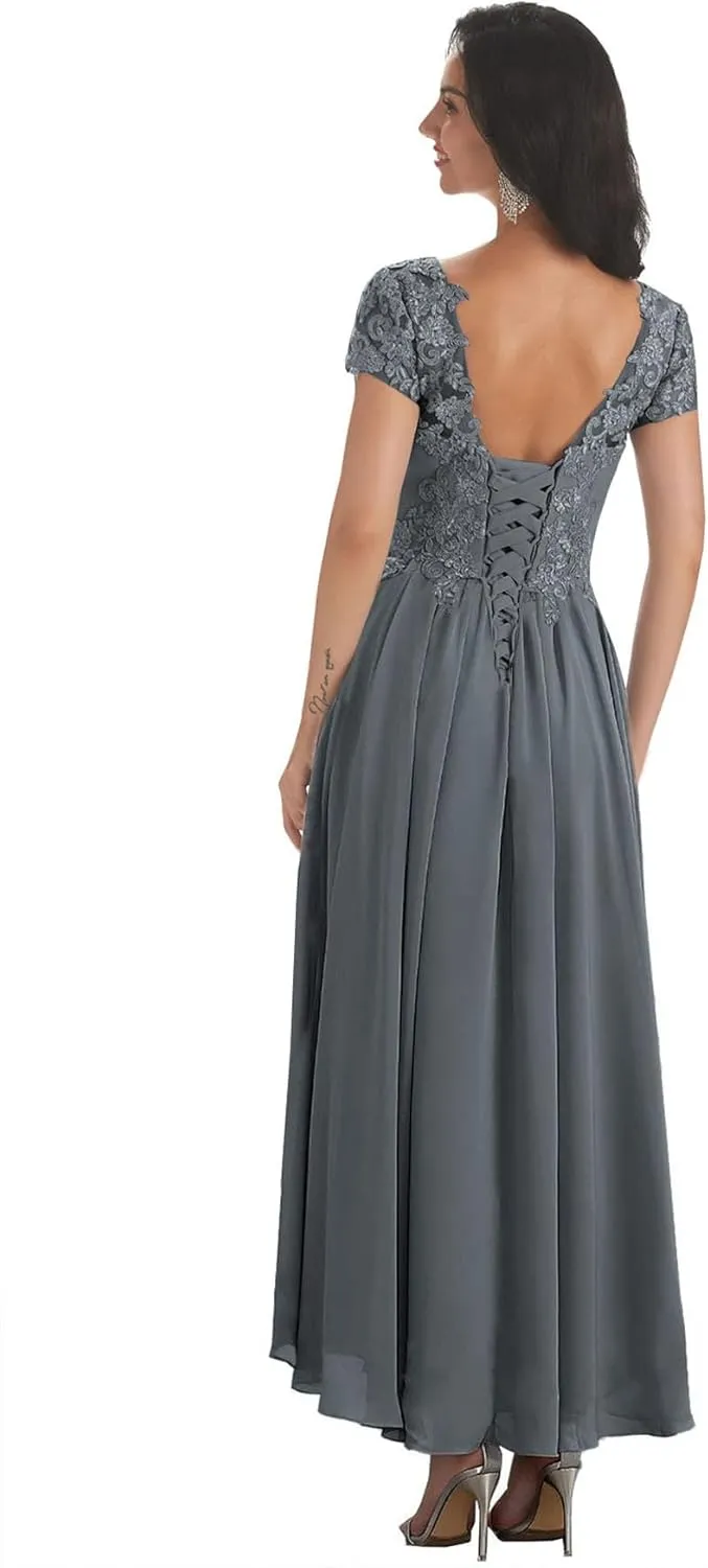 Short Sleeve Mother of The Bride Dresses Tea Length for Women Lace Chiffon Wedding Evening Party Gown