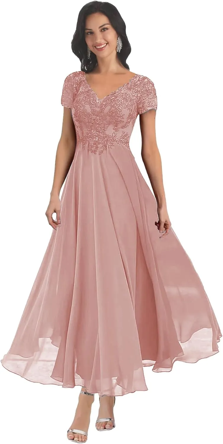 Short Sleeve Mother of The Bride Dresses Tea Length for Women Lace Chiffon Wedding Evening Party Gown