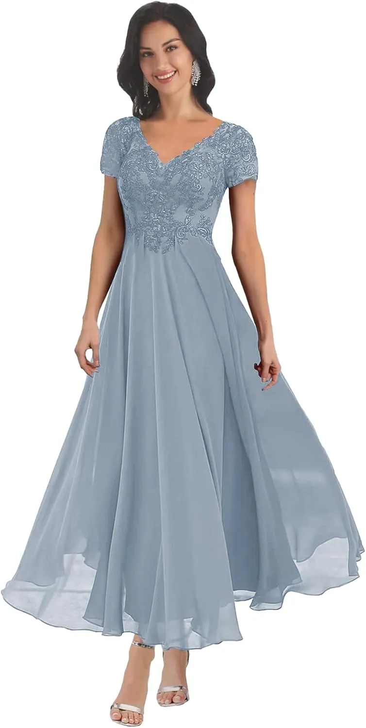 Short Sleeve Mother of The Bride Dresses Tea Length for Women Lace Chiffon Wedding Evening Party Gown