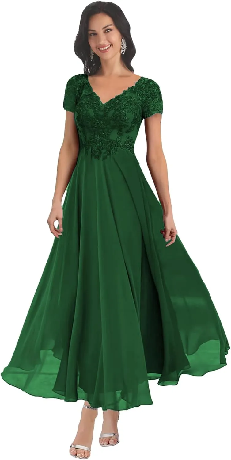 Short Sleeve Mother of The Bride Dresses Tea Length for Women Lace Chiffon Wedding Evening Party Gown