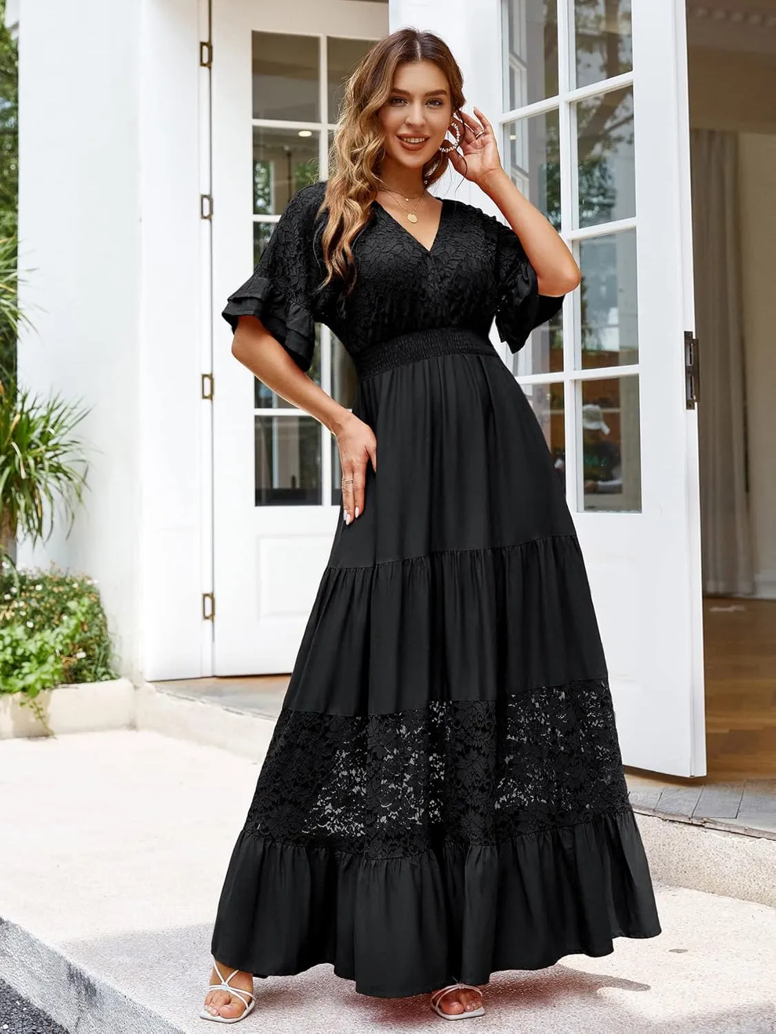 Simplee Women V Neck Formal Lace Maxi Dress Ruffle Flowy Short Sleeve Boho Wedding Guest Long Dress