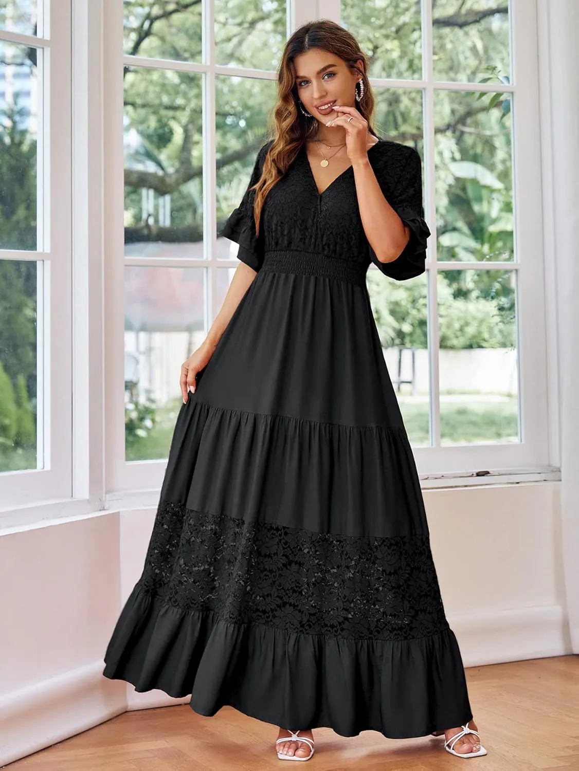 Simplee Women V Neck Formal Lace Maxi Dress Ruffle Flowy Short Sleeve Boho Wedding Guest Long Dress