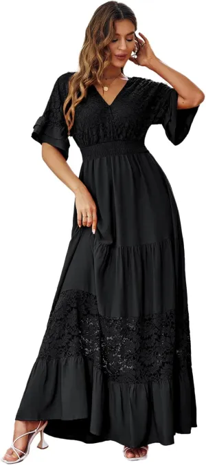 Simplee Women V Neck Formal Lace Maxi Dress Ruffle Flowy Short Sleeve Boho Wedding Guest Long Dress