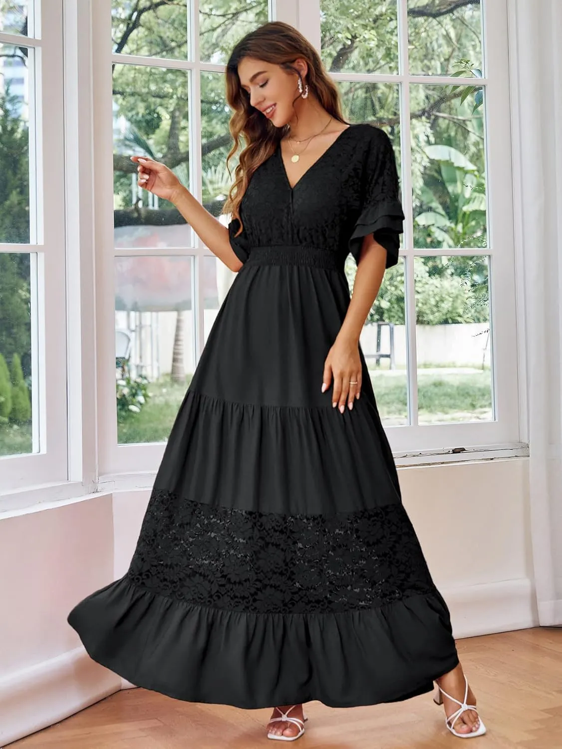 Simplee Women V Neck Formal Lace Maxi Dress Ruffle Flowy Short Sleeve Boho Wedding Guest Long Dress