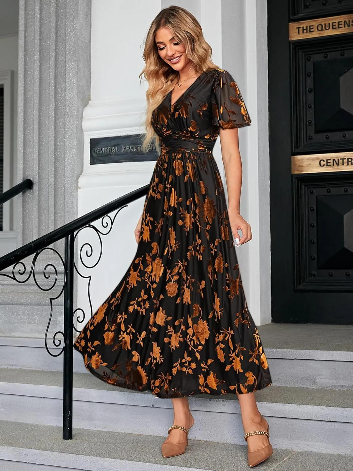 Simplee Womens V Neck Velvet Maxi Dress Short Sleeve Empire Waist Long Formal Dress for Wedding Guest