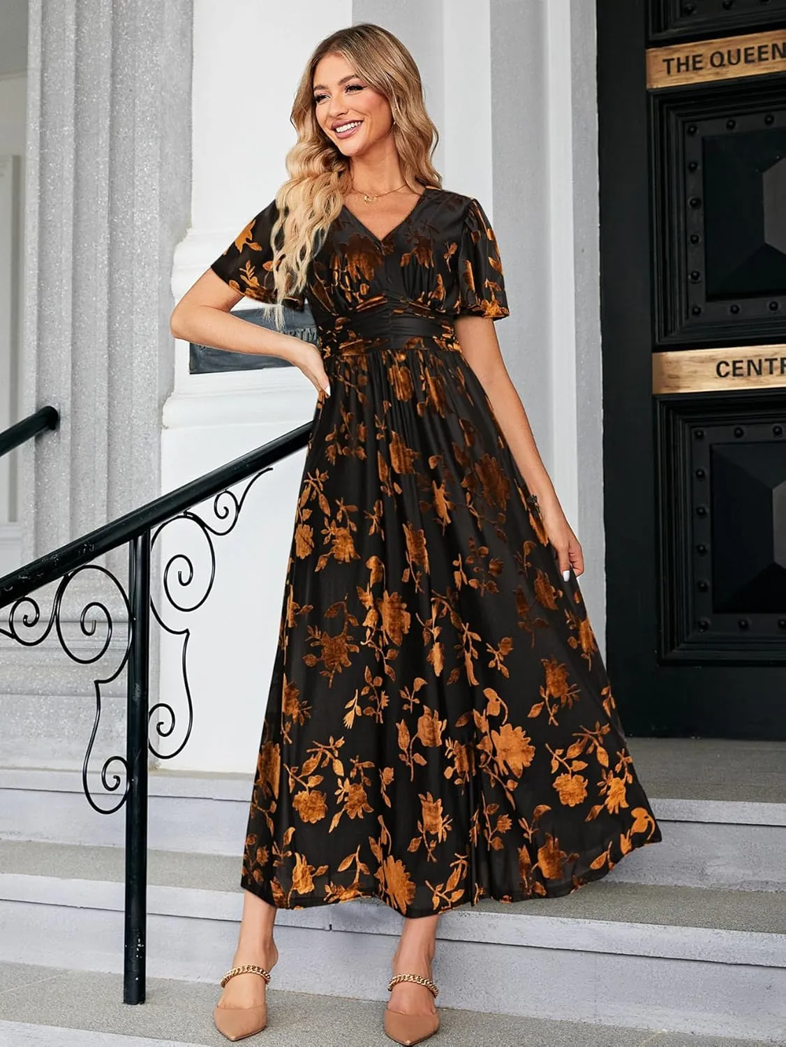 Simplee Womens V Neck Velvet Maxi Dress Short Sleeve Empire Waist Long Formal Dress for Wedding Guest