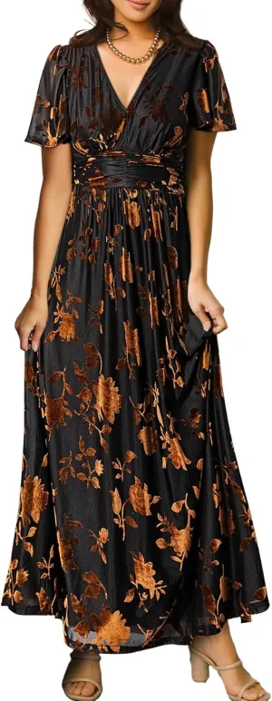 Simplee Womens V Neck Velvet Maxi Dress Short Sleeve Empire Waist Long Formal Dress for Wedding Guest
