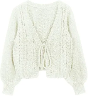 SKAYS Womens Tie Front Bow Cardigan Sweaters Cropped Cable Knit Cardigans Trendy Fall Lightweight Long Sleeve Outerwear