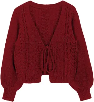 SKAYS Womens Tie Front Bow Cardigan Sweaters Cropped Cable Knit Cardigans Trendy Fall Lightweight Long Sleeve Outerwear