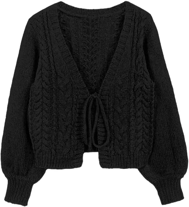SKAYS Womens Tie Front Bow Cardigan Sweaters Cropped Cable Knit Cardigans Trendy Fall Lightweight Long Sleeve Outerwear