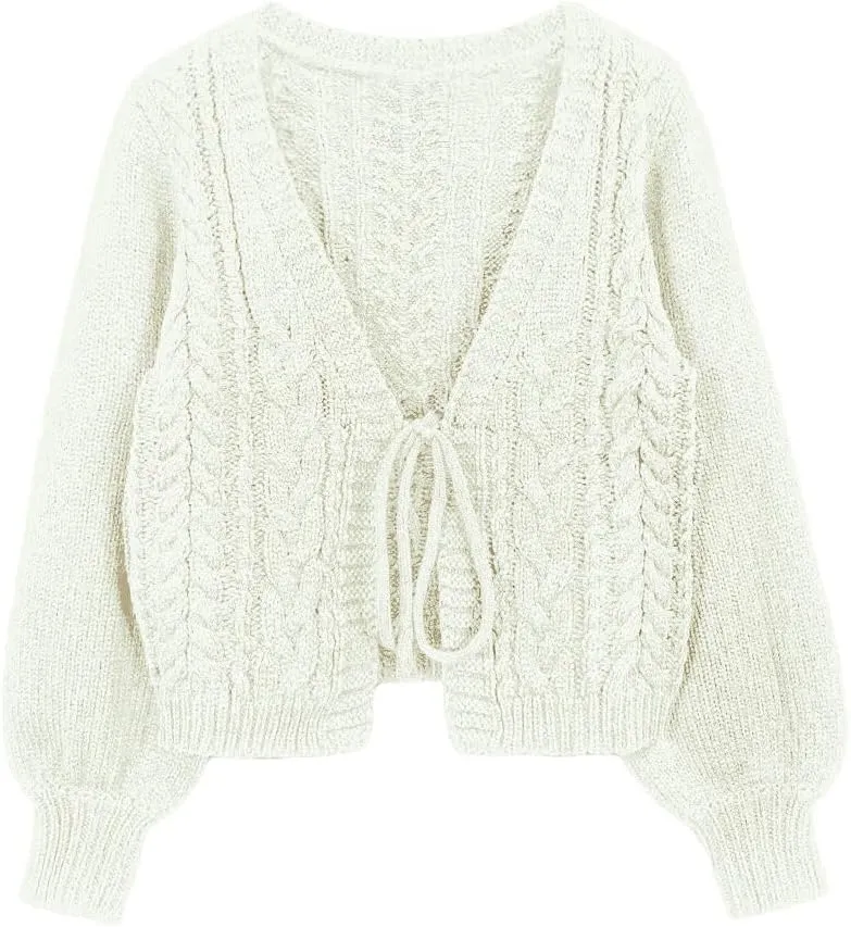 SKAYS Womens Tie Front Bow Cardigan Sweaters Cropped Cable Knit Cardigans Trendy Fall Lightweight Long Sleeve Outerwear